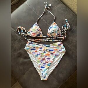 Puma White Bikini Set with Multicolor Logo Print